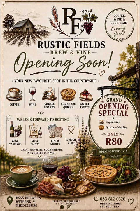 Rustic Fields Brew and Vine opening soon poster