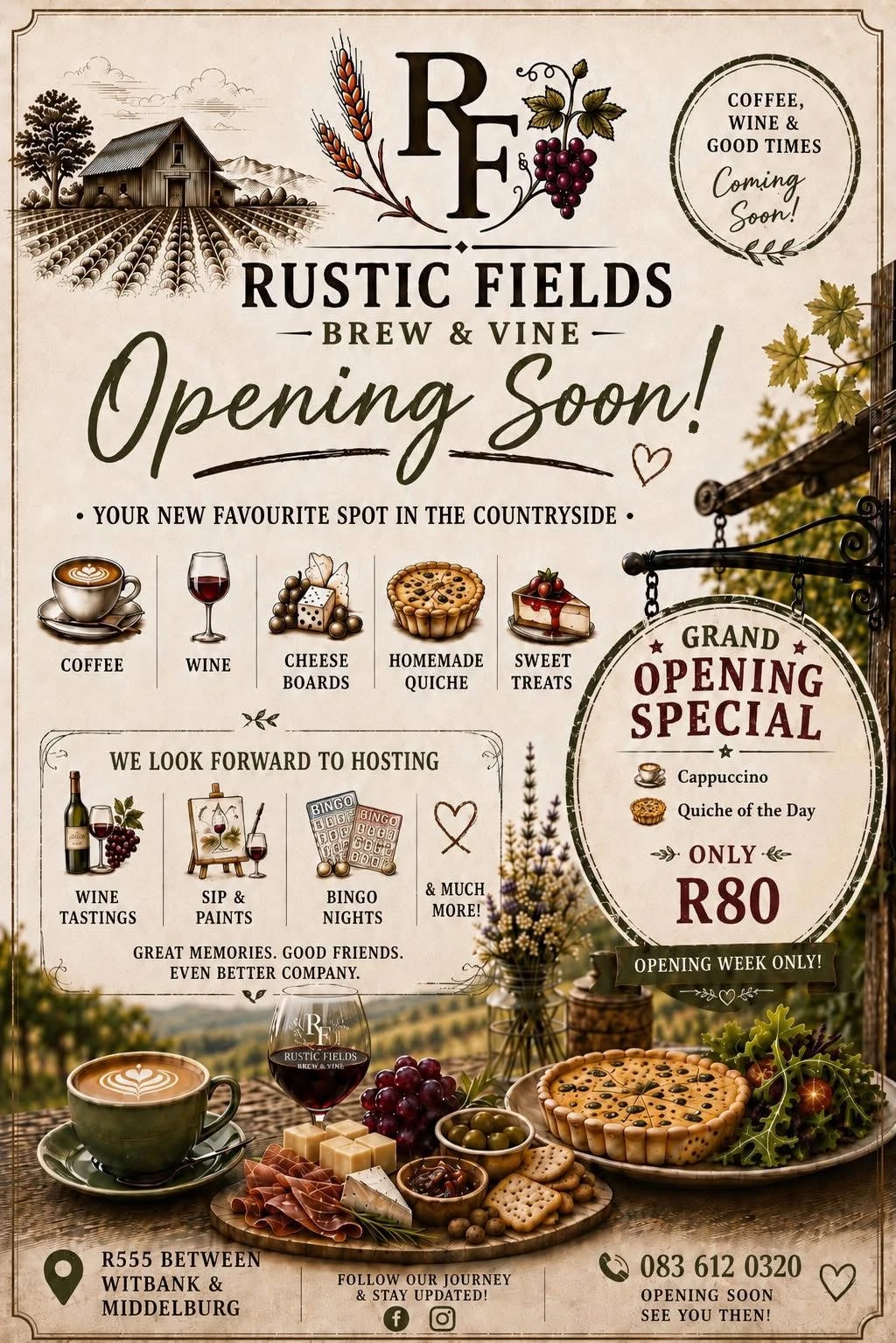 Rustic Fields Brew and Vine opening soon poster